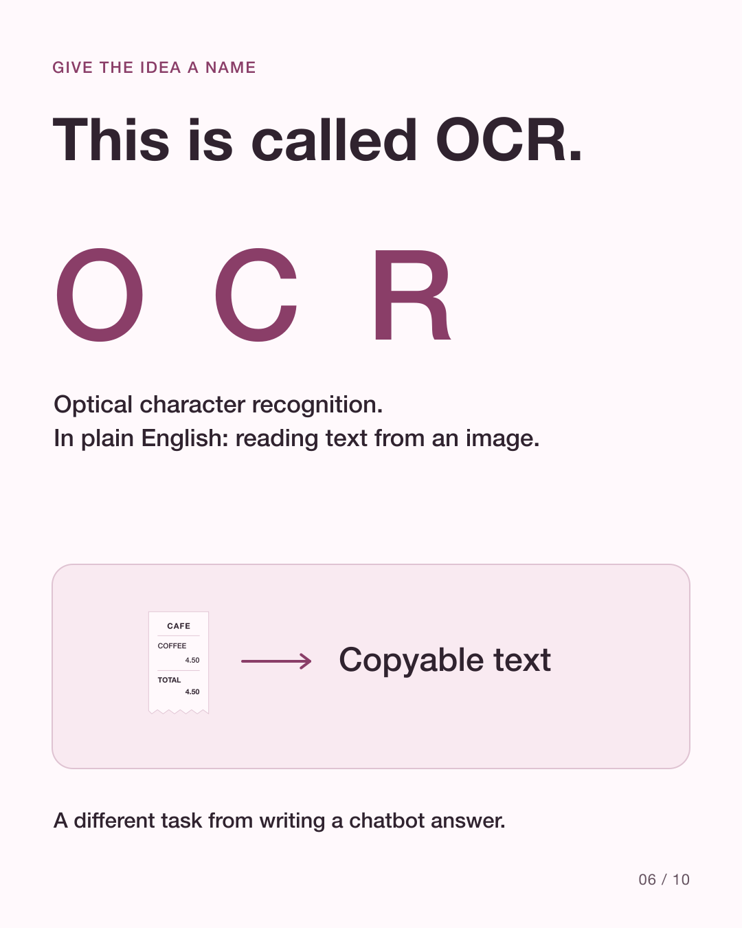 حروف OCR به عبارت تشخیص نوری نویسهها گسترش یافتهاند؛ خواندن نوشته تصویر با نوشتن پاسخ چتبات متفاوت است.