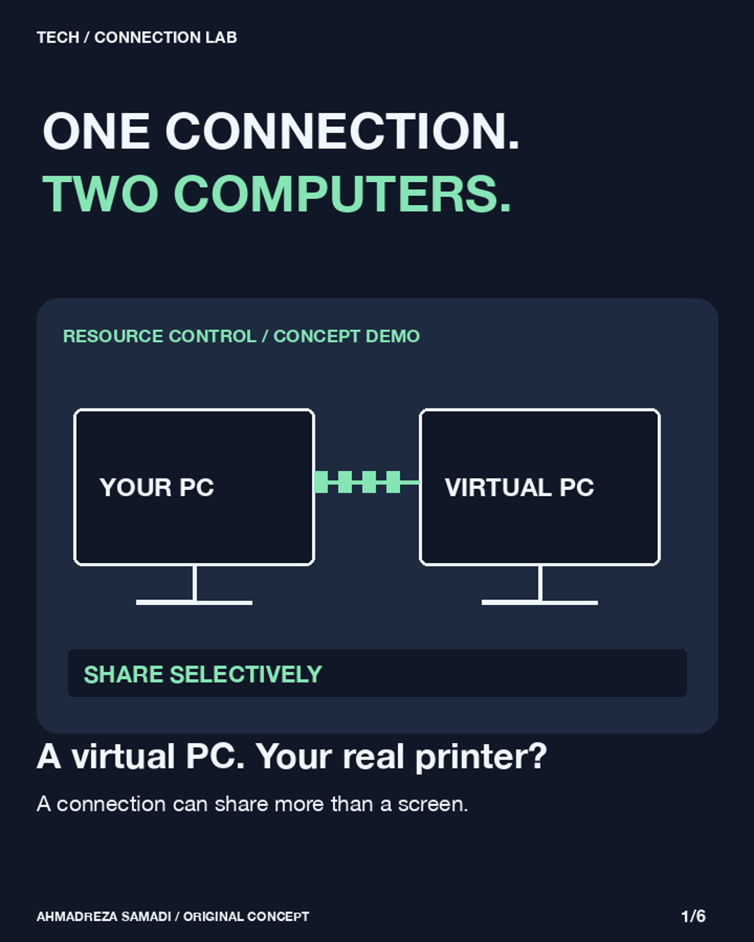 Slide 1. Original concept illustration using terminal connection lab. A virtual PC. Your real printer? A connection can share more than a screen.