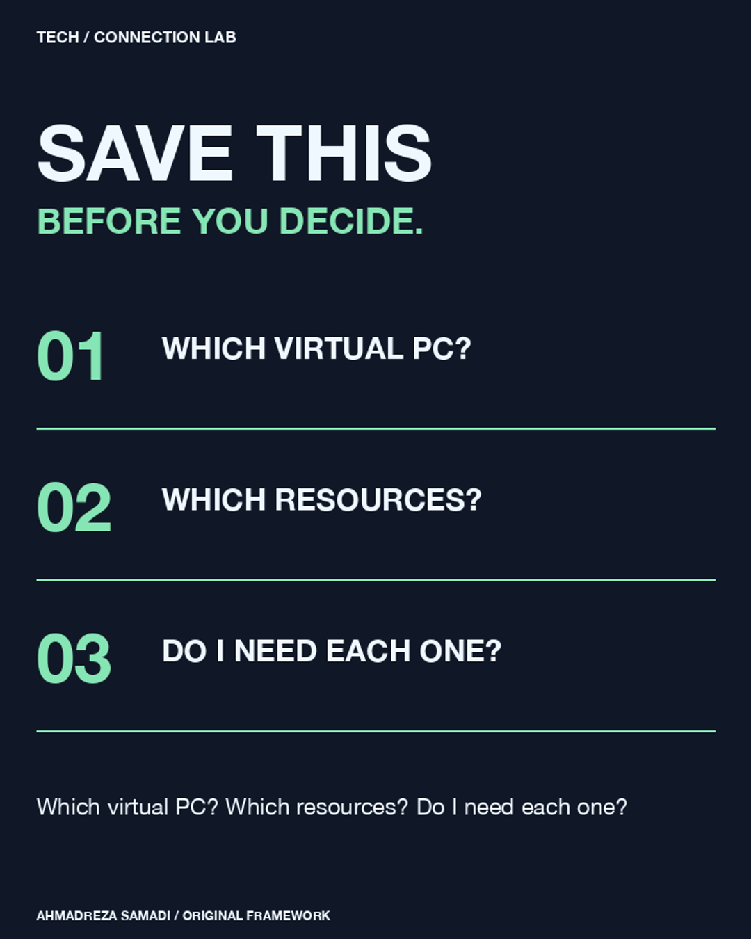 Slide 6. Original concept illustration using terminal connection lab. Before you connect, ask three things. Which virtual PC? Which resources? Do I need each one?
