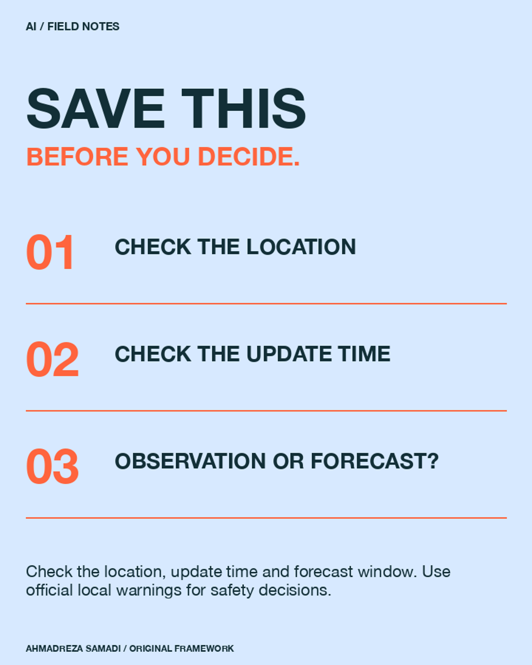 Slide 6. Original concept illustration using weather map. Before trusting the rain icon... Check the location, update time and forecast window. Use official local warnings for safety decisions.